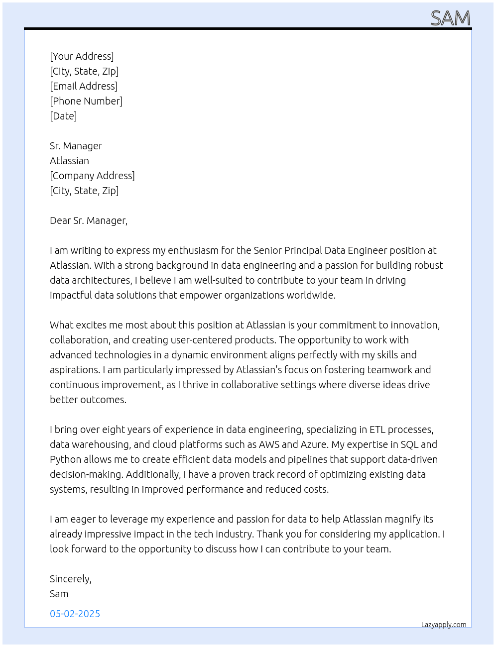 Senior Principal Data Engineer At atlassian Cover Letter