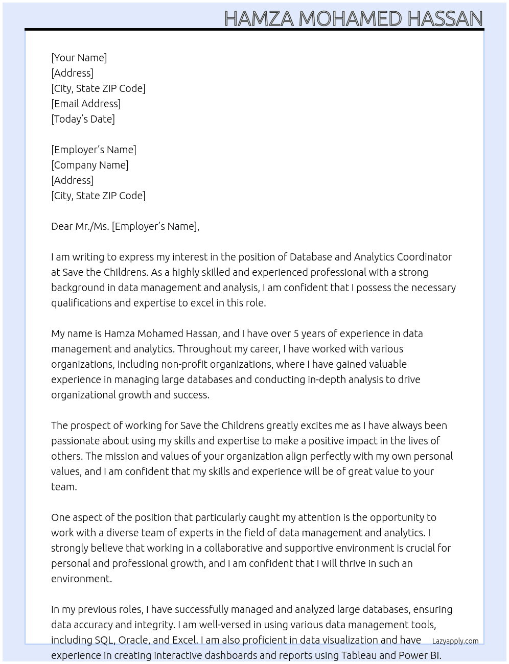 Cover letter for database and analytics coordinator - LazyApply