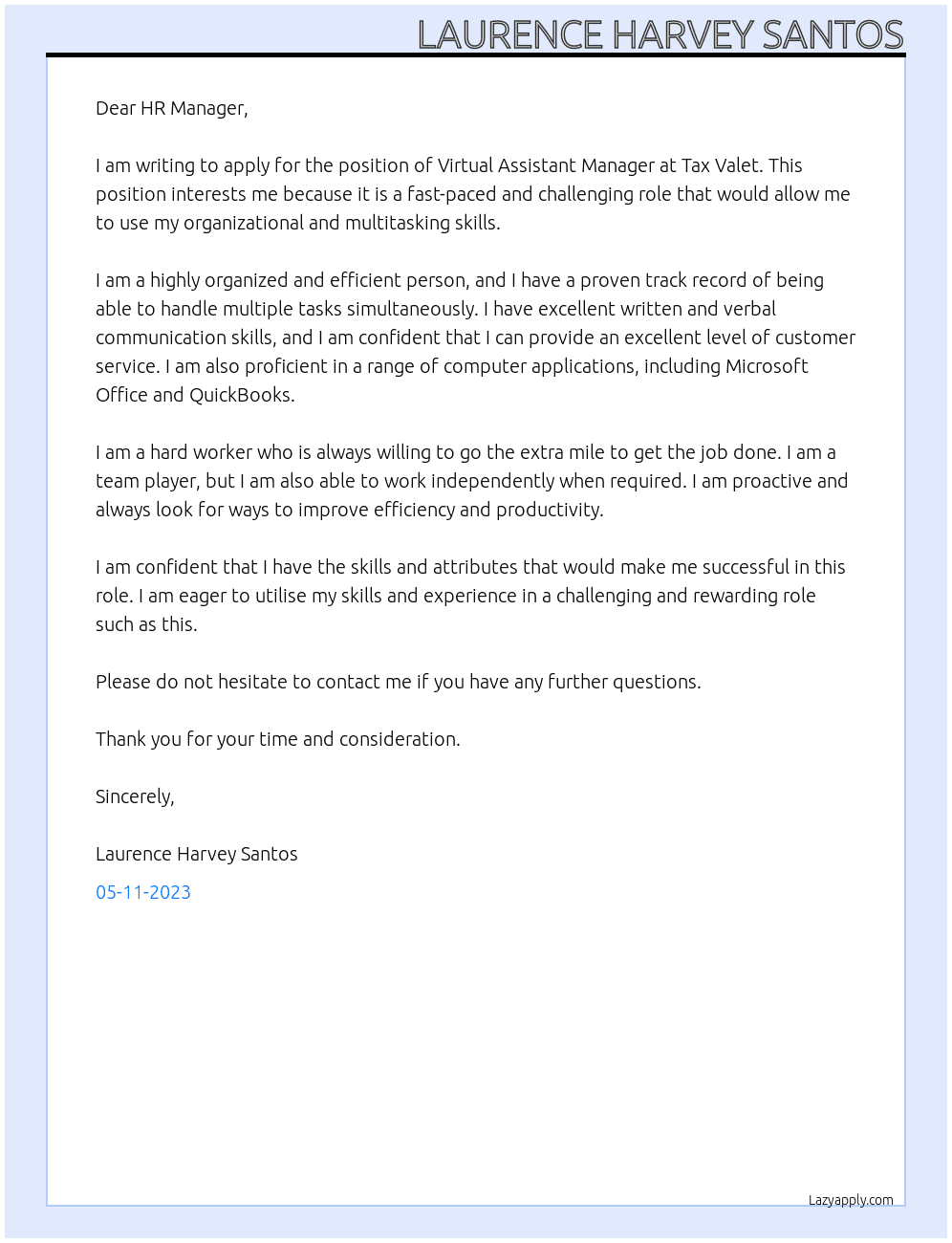 Virtual Assistant Manager  At Tax Valet Cover Letter
