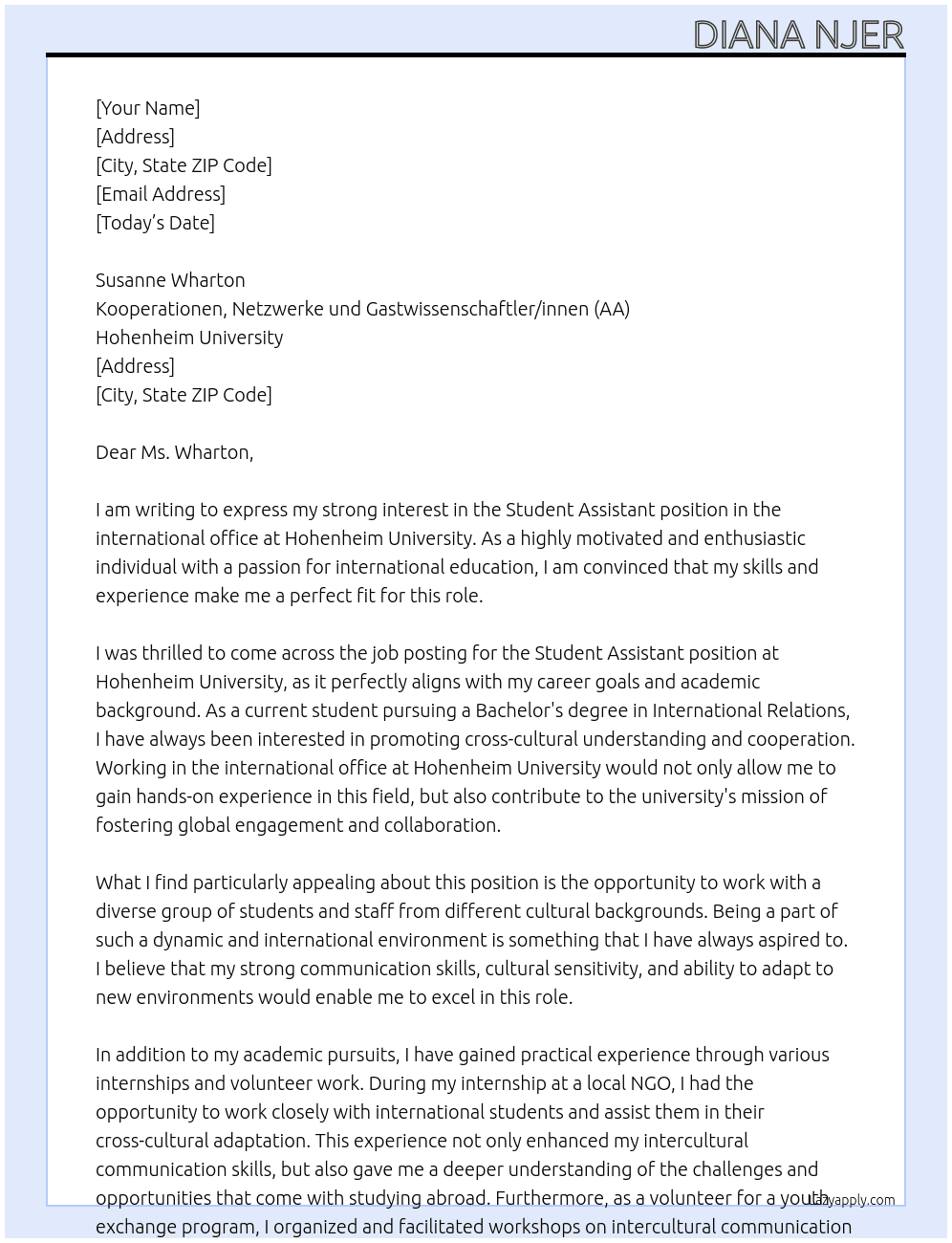 Student Assistant In international office  At Hohenheim University Cover Letter