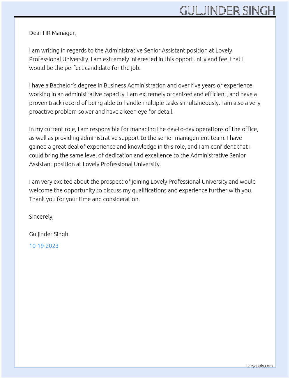 ADDMISTRATIVE SENIOR ASSISTANT At LOVELY PROFFESIONAL UNIVERSITY Cover Letter