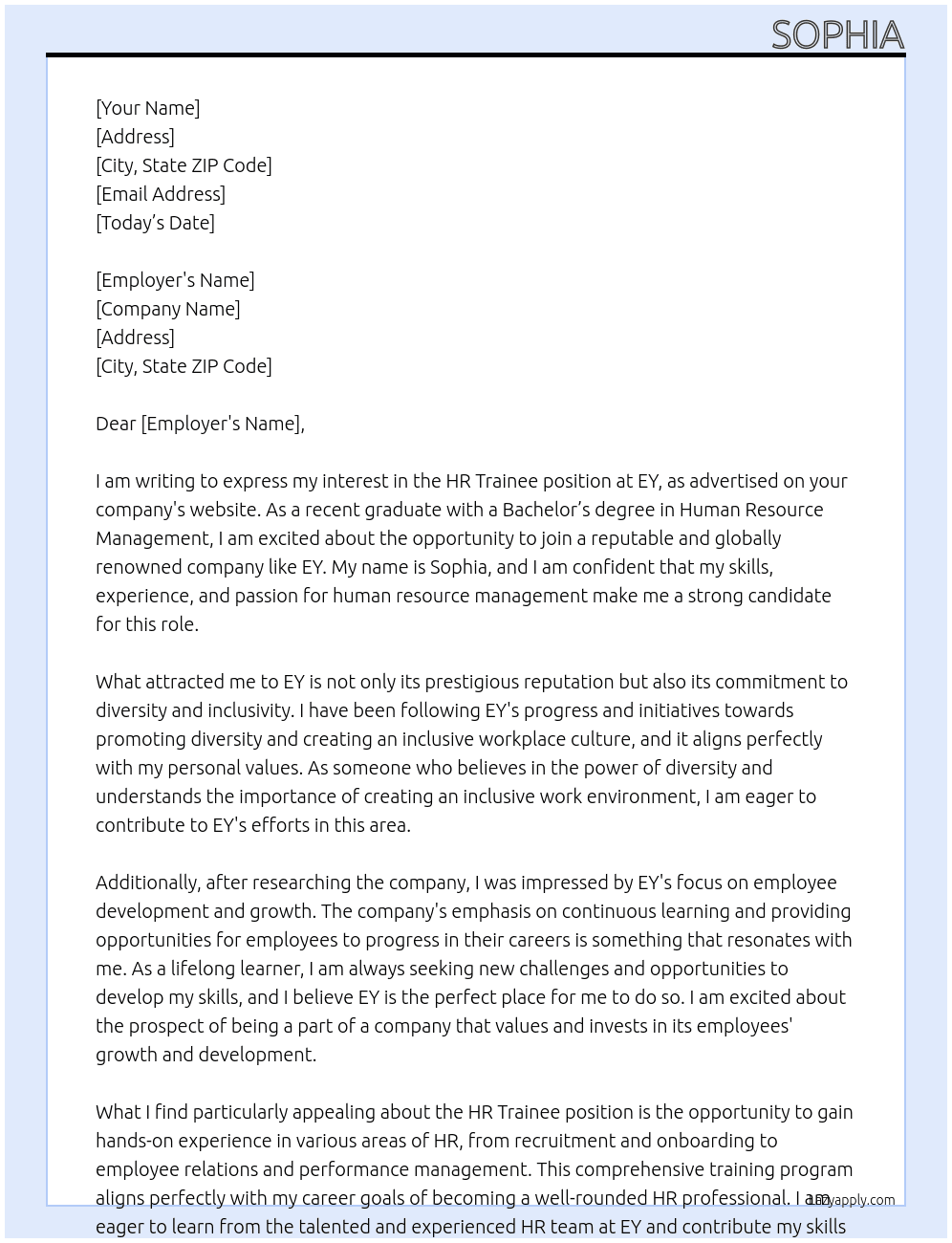 HR trainee At EY Cover Letter