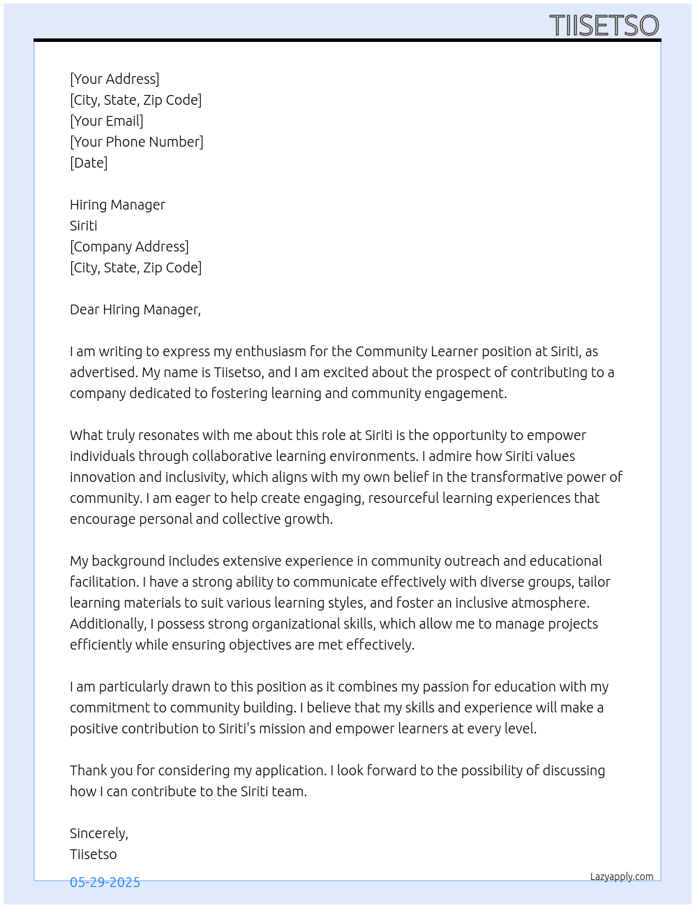Community leaner At Siriti Cover Letter