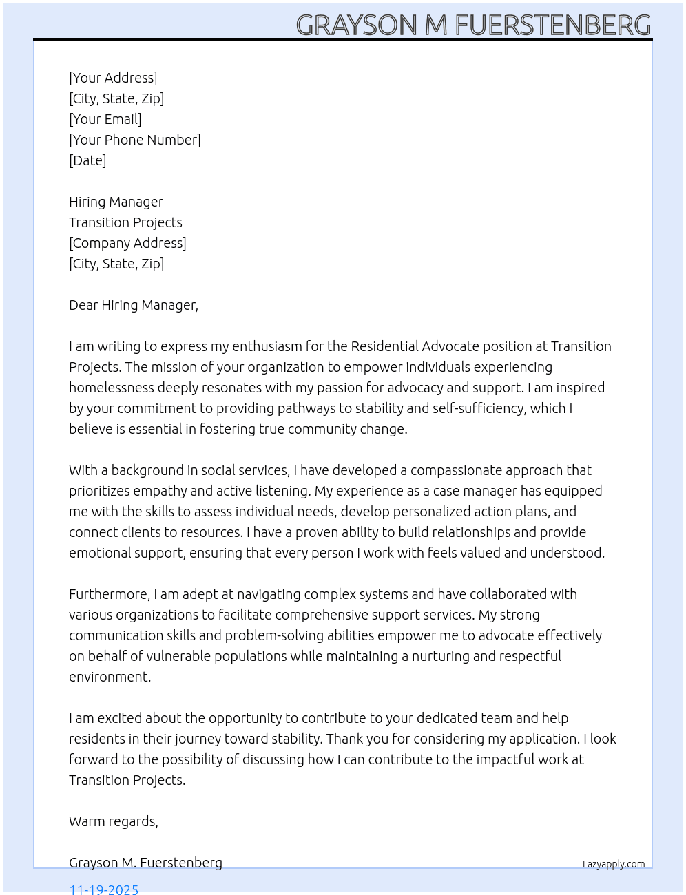 Residential Advocate At Transition Projects Cover Letter