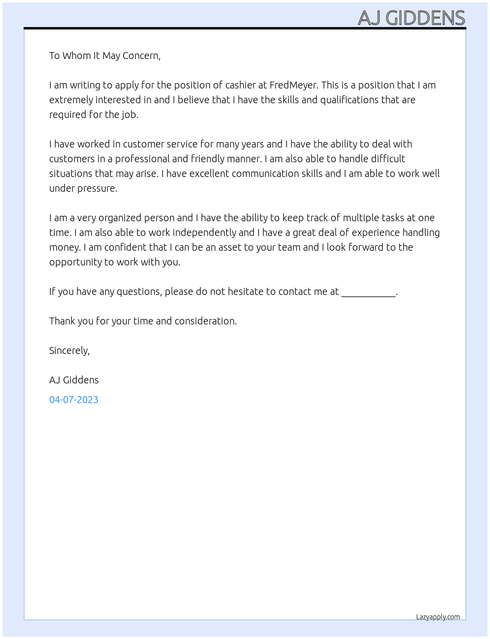 cashier At FredMeyer Cover Letter