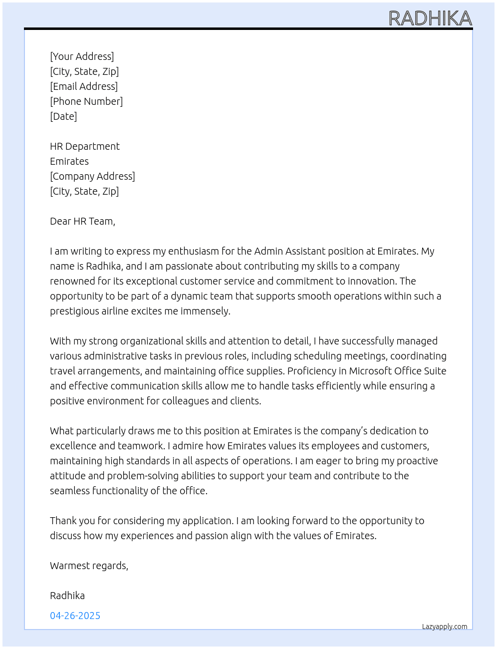 Admin assistant At Emirates Cover Letter