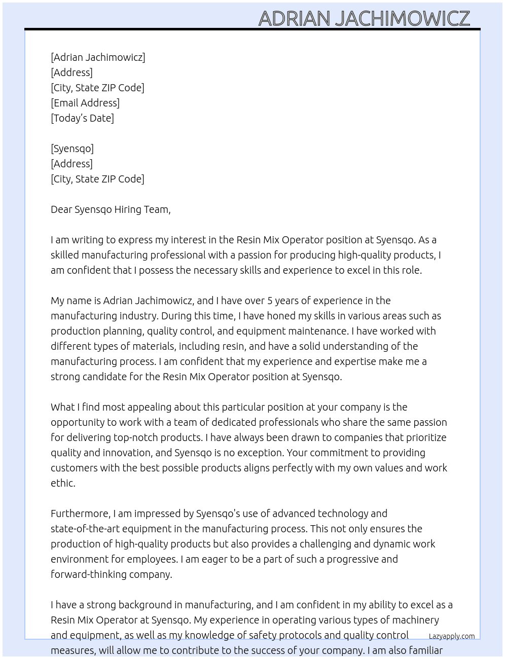 Resin Mix Operator At Syensqo  Cover Letter