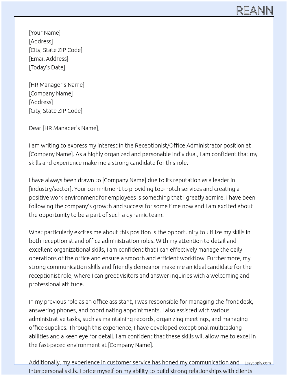receptionist /  office administrator  At bv  Cover Letter