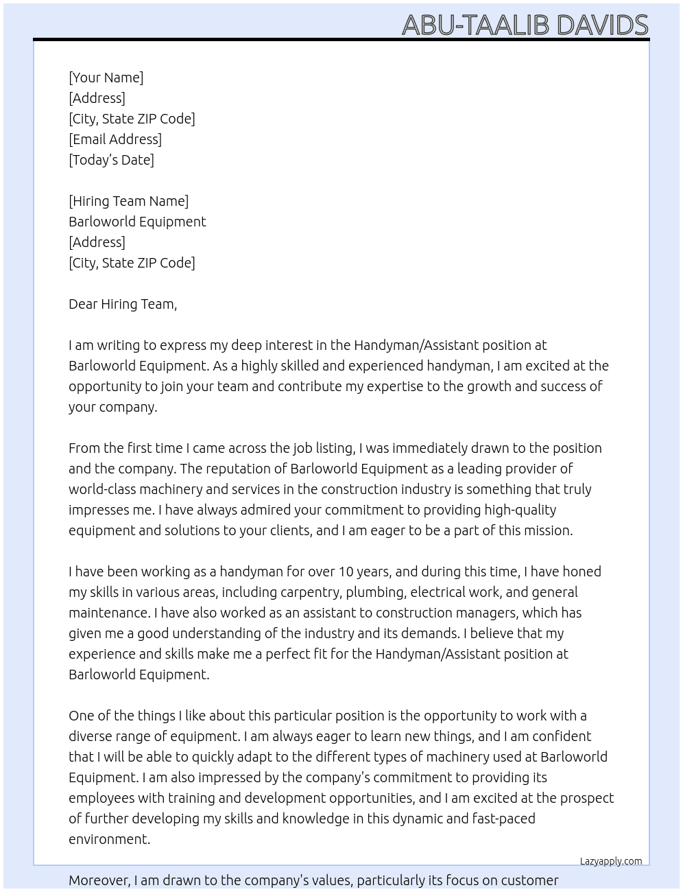 Handyman/Assistant  At Barloworld Equipment  Cover Letter