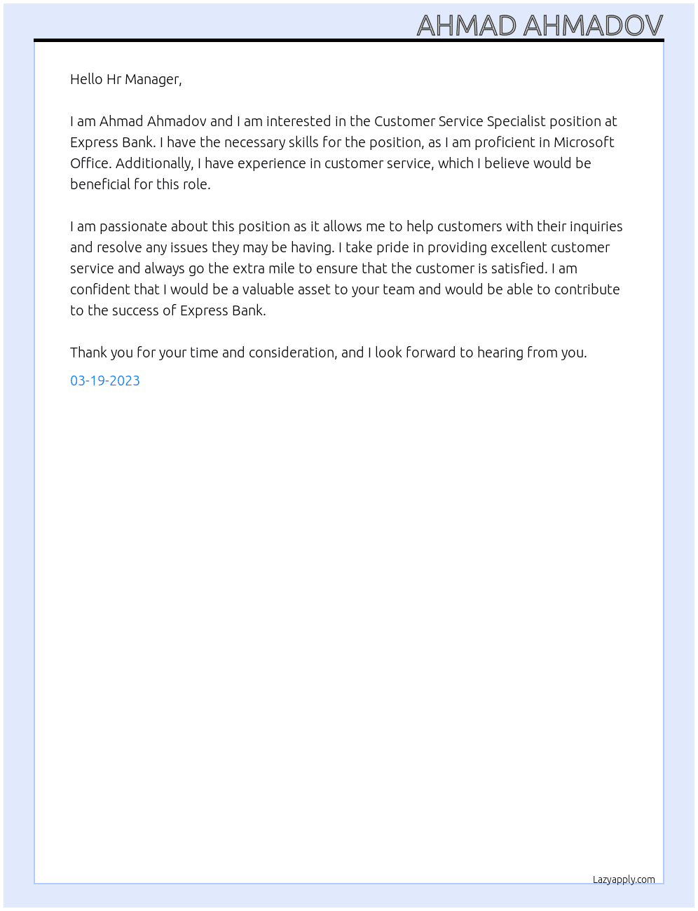 Customer Service Specialist At Express Bank Cover Letter
