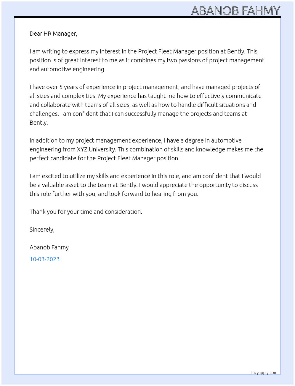 Project Fleet Manager At Bently Cover Letter