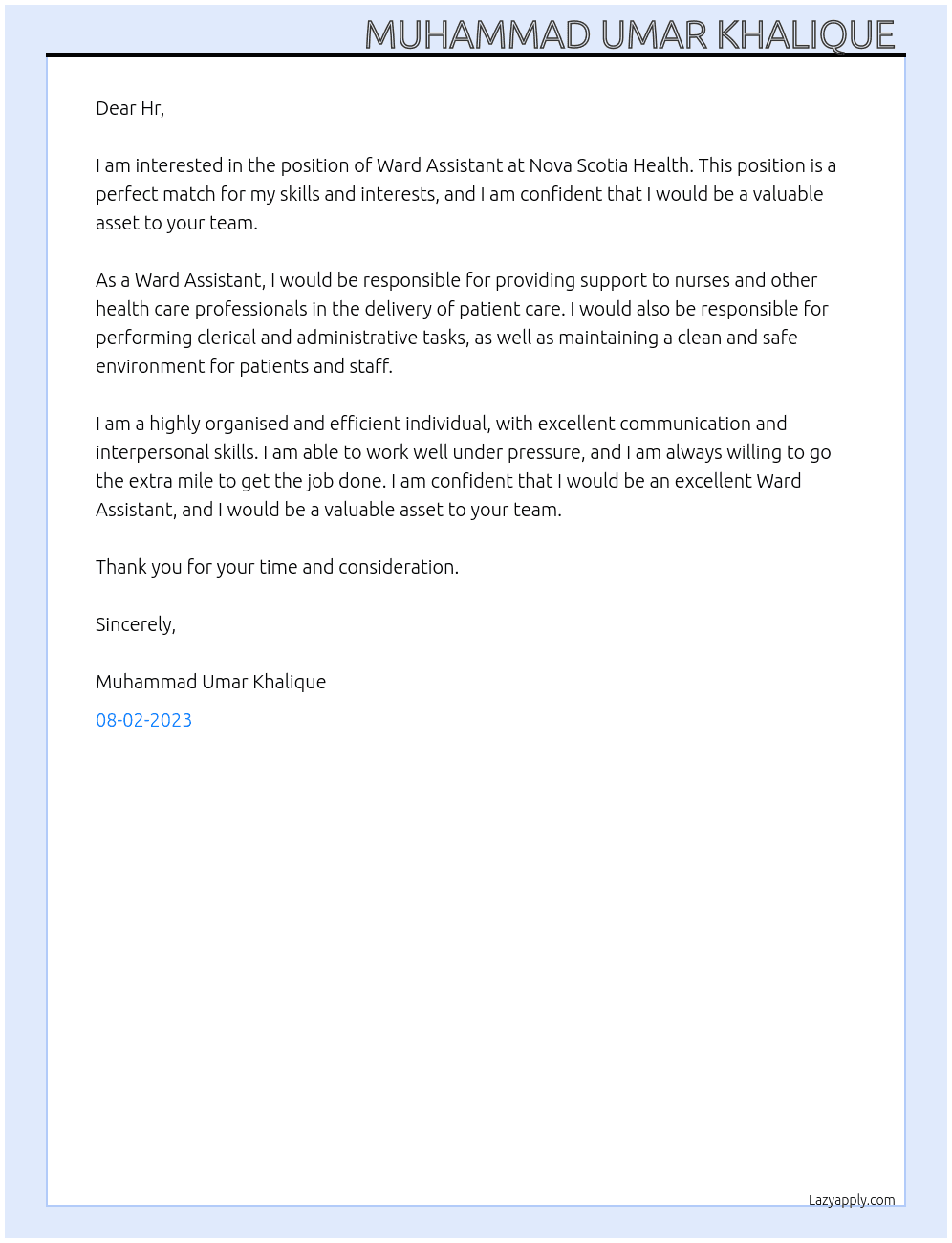 Ward Assistant  At Nova Scotia Health  Cover Letter