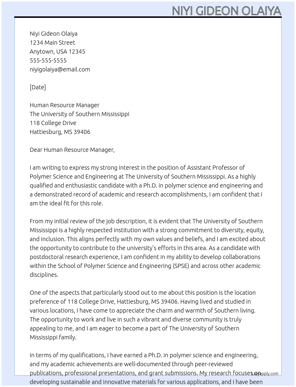 Assistant Professor of Polymer Science and Engineering At The University of Southern MIssissippi Cover Letter