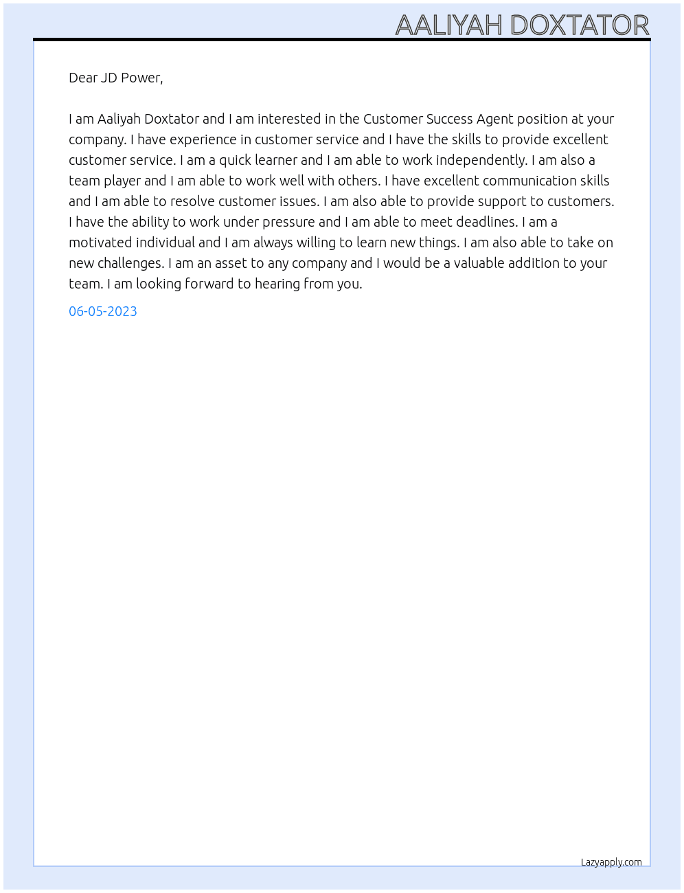 Customer Sucess Agent At JD Power Cover Letter