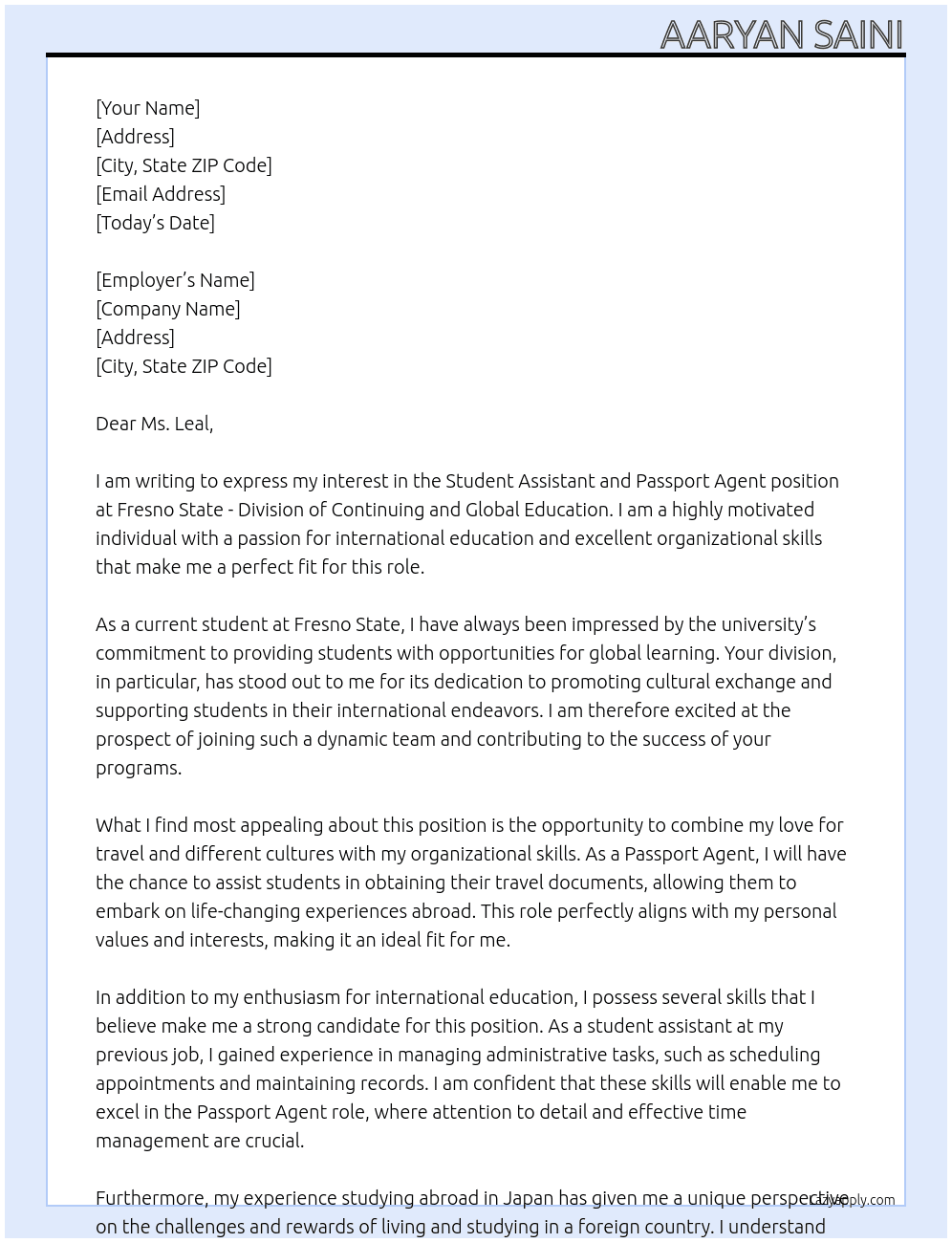 student assistant and passport agent  At Fresno State - Division of Continuing and Global Education Cover Letter