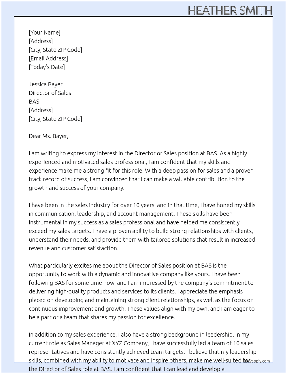 Director of Sales At BAS Cover Letter