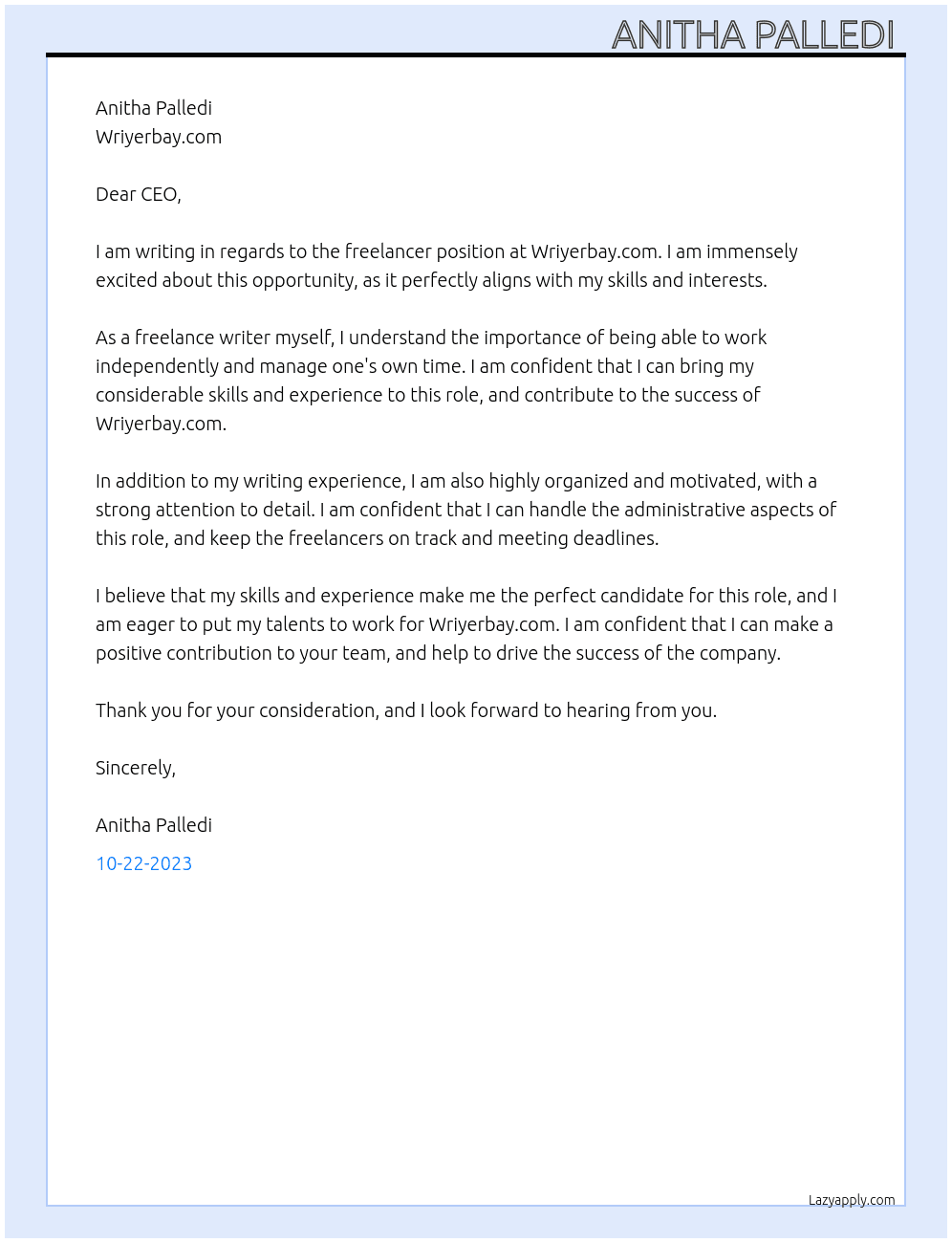 Freelancer  At Wriyerbay.com Cover Letter