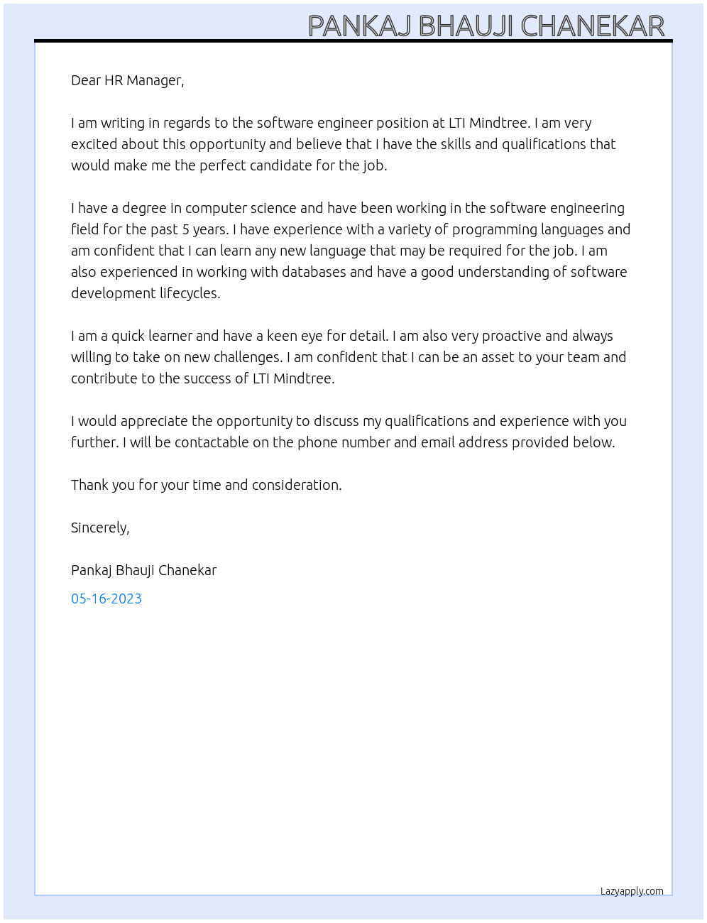 software engineer  At LTI MINDTREE  Cover Letter
