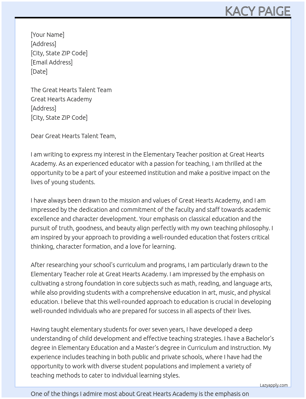Elementary Teacher At Great Hearts Academy Cover Letter