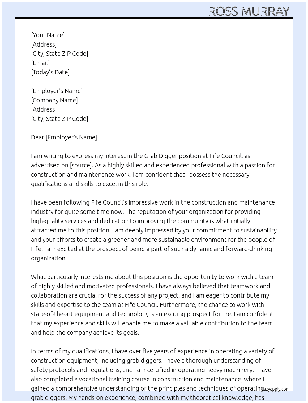 grabe digger  At fife council  Cover Letter