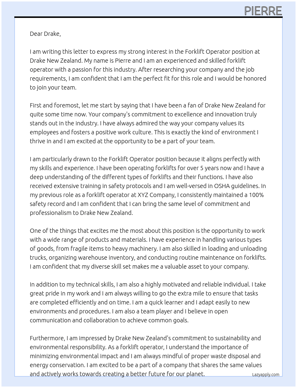 Forklift Operator At Drake New Zealand  Cover Letter