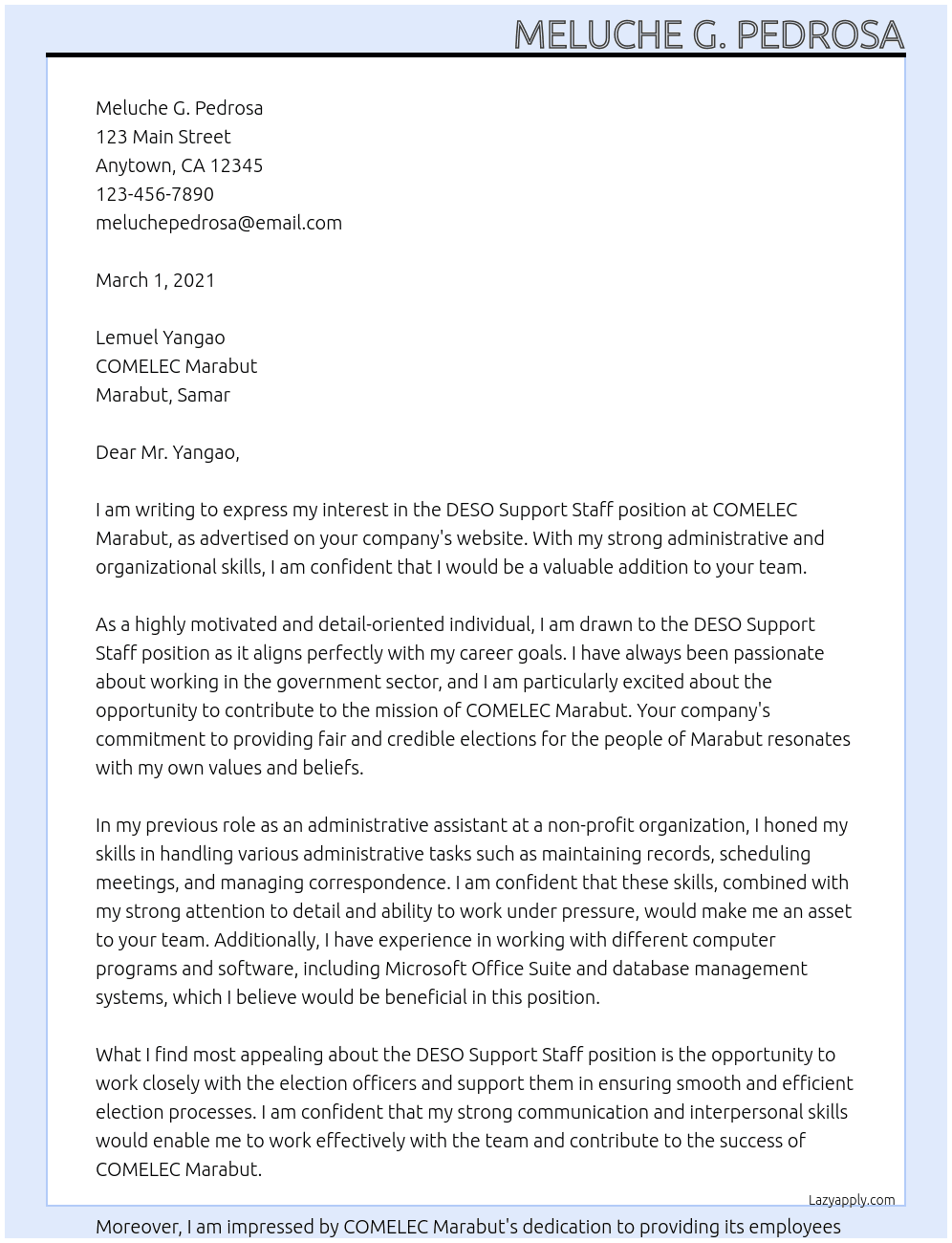DESO Support Staff At COMELEC Marabut Cover Letter