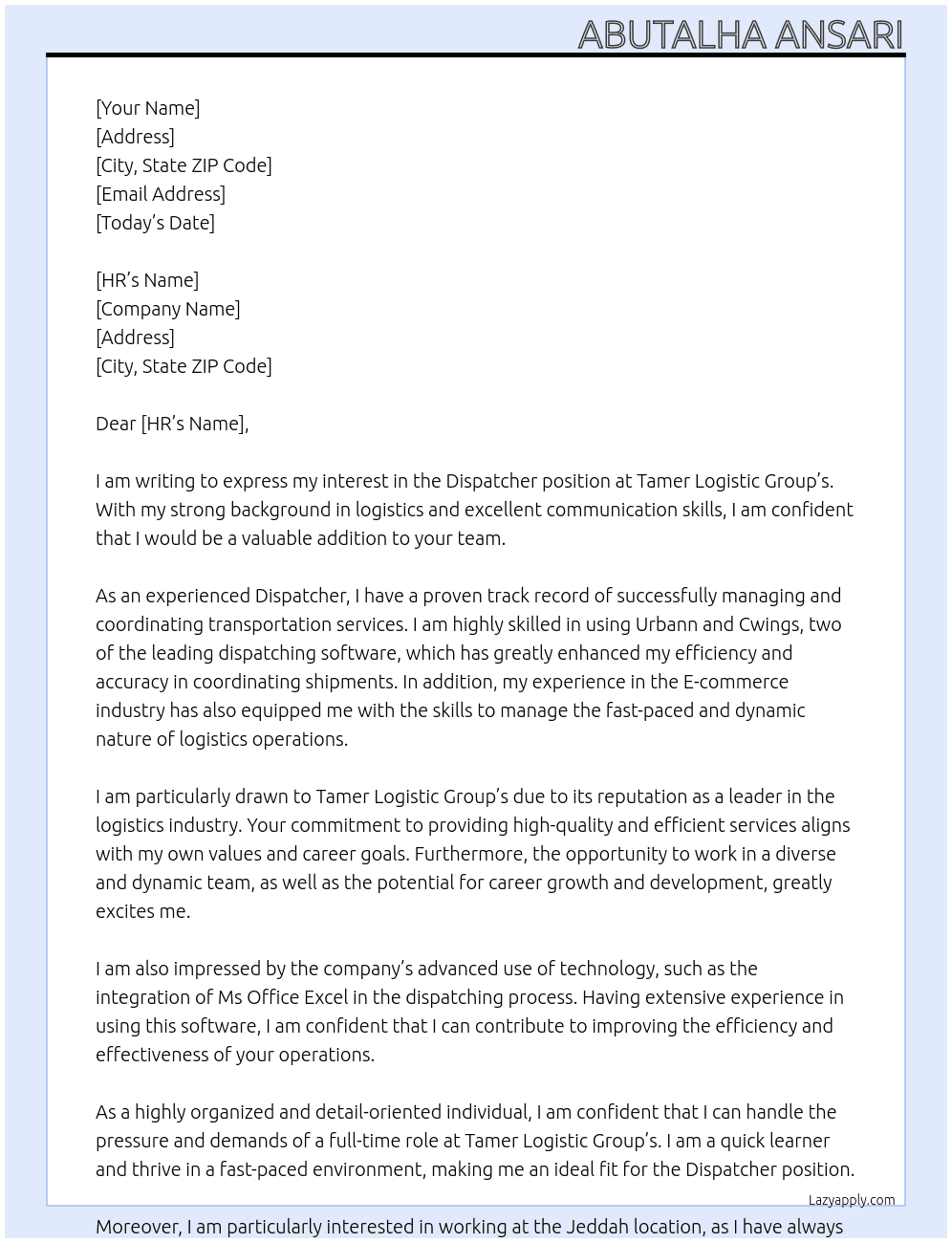 Dispatcher At Tamer Logistic Group's Cover Letter