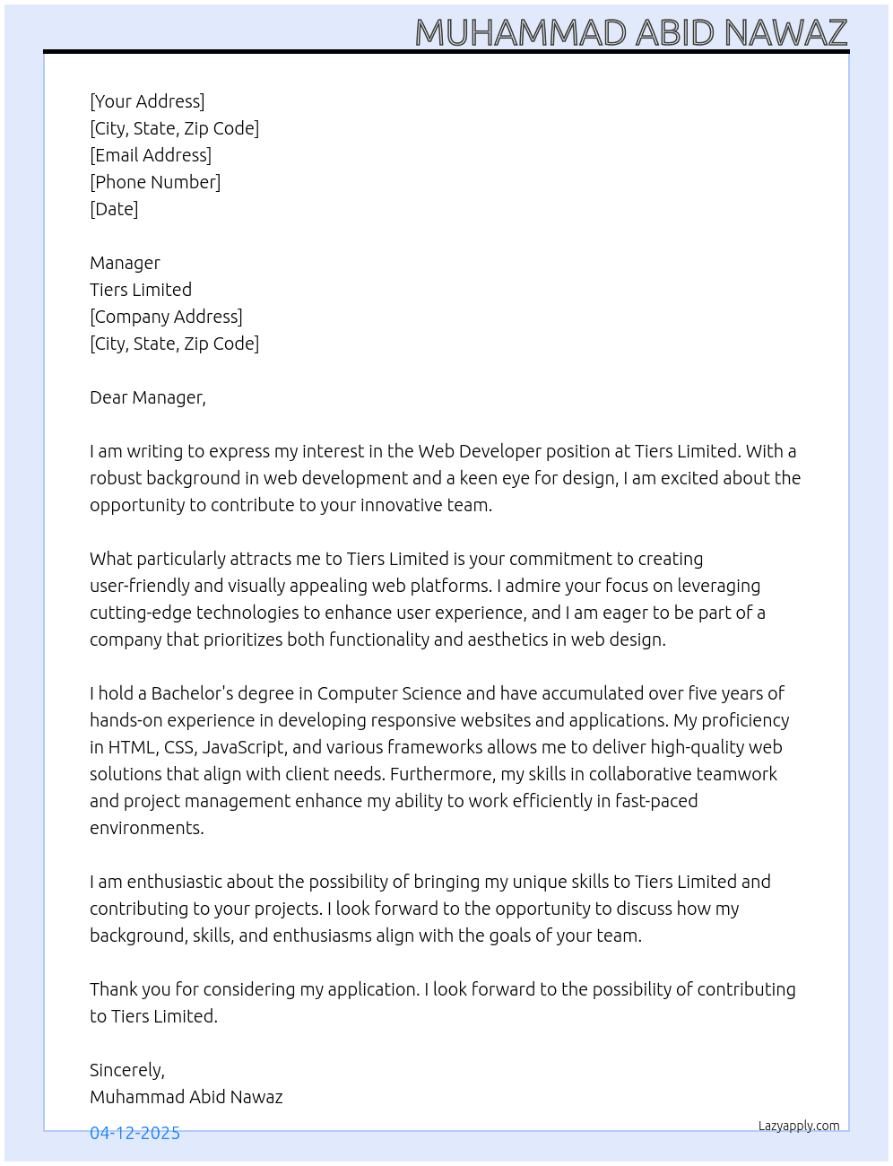 Web Developer At Tiers Limited Cover Letter
