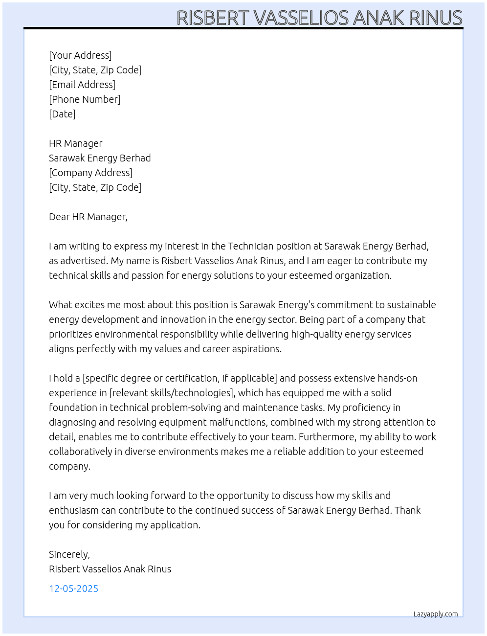 Technician  At Sarawak Energy Berhad  Cover Letter