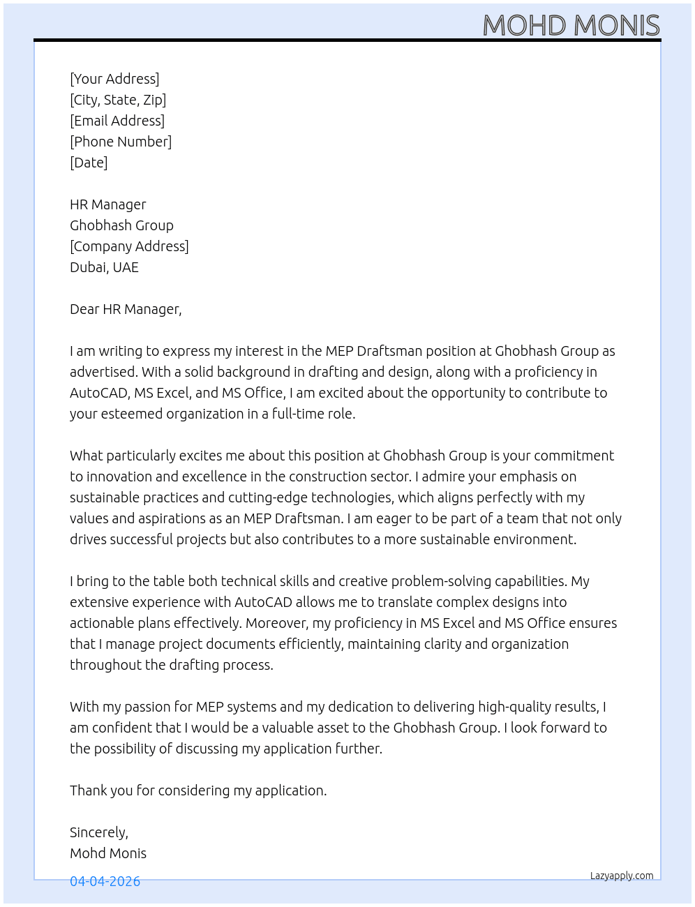 MEP DRAFTSMAN  At Ghobhash group  Cover Letter