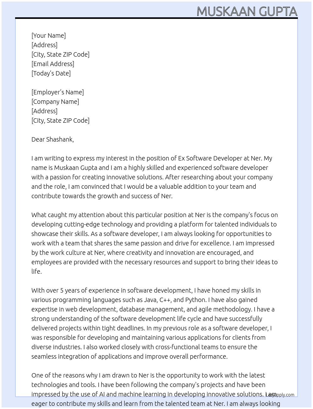 Ex Software developer  At Ner Cover Letter