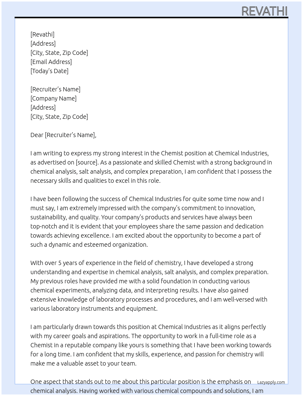 Chemist At Chemical industries Cover Letter