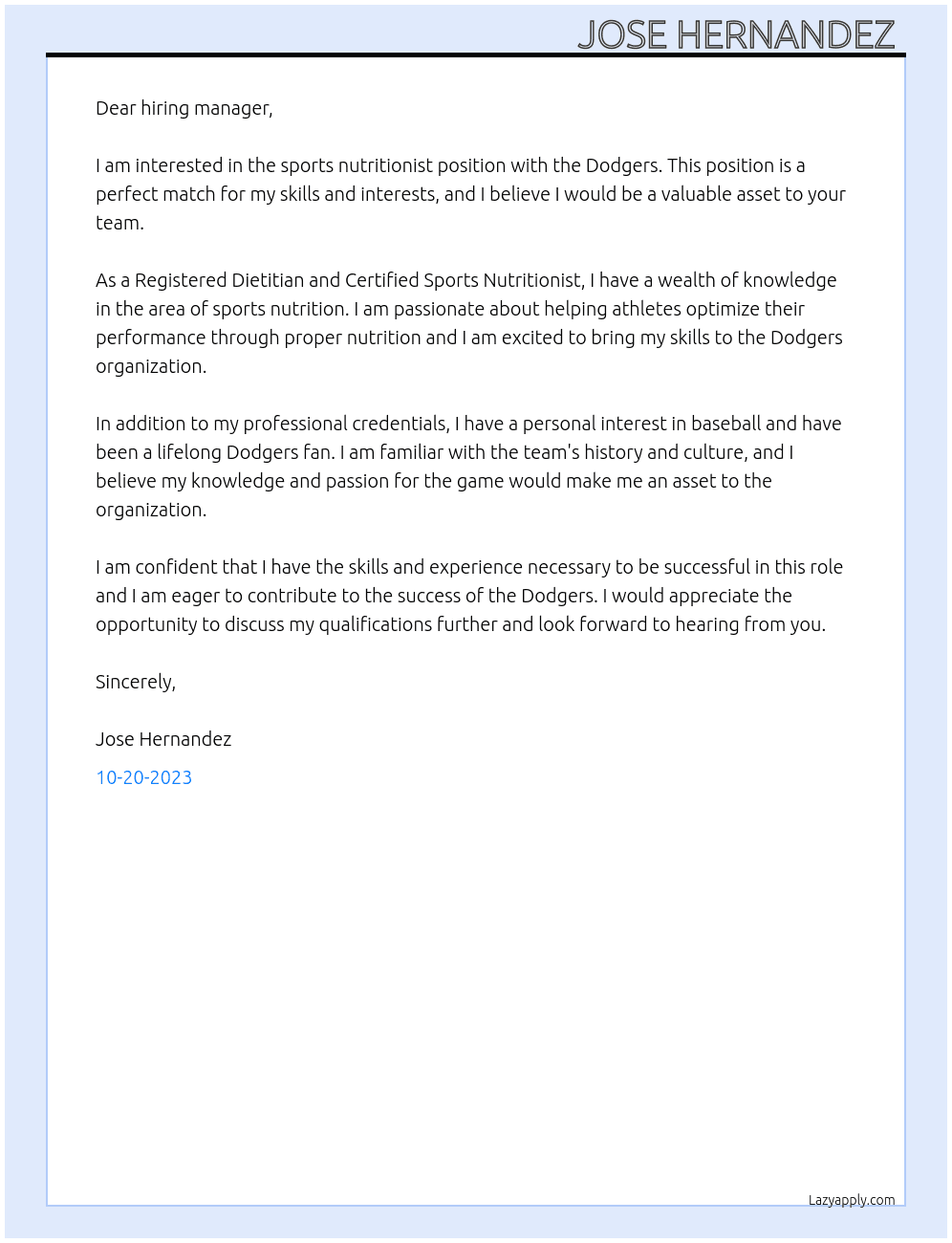 sports nutritionist  At dodgers  Cover Letter