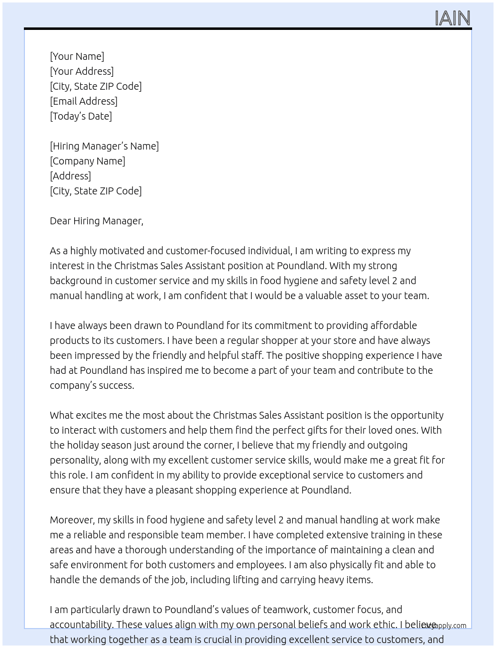 Christmas Sales Assistant  At Poundland Cover Letter