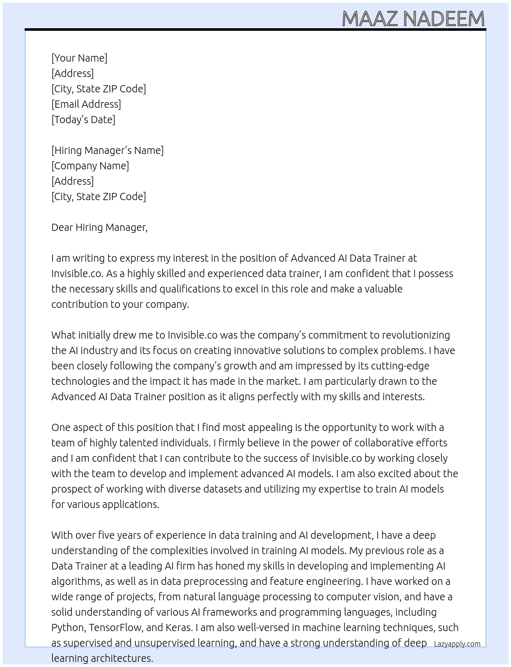 Advanced Ai Data Trainer At Invisible.co Cover Letter