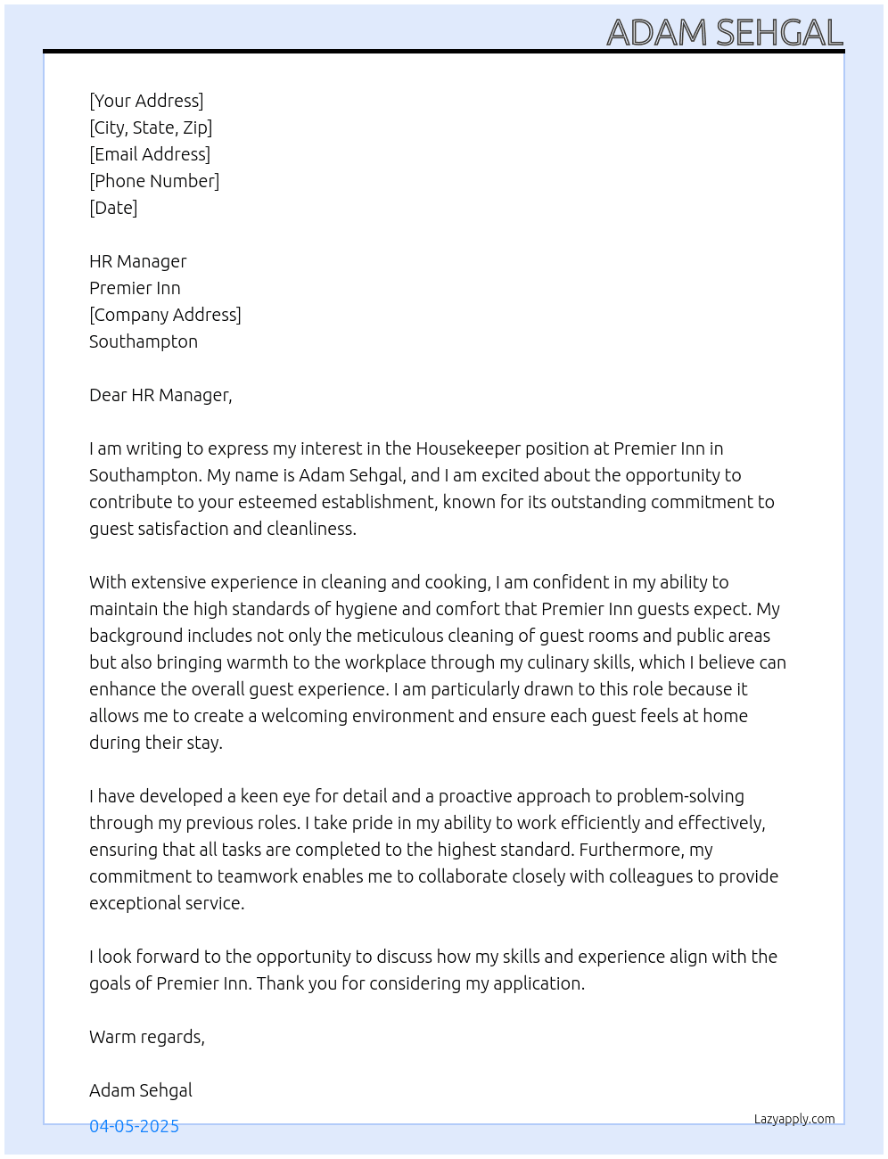 Housekeeper At  Premier Inn in Southampton Cover Letter