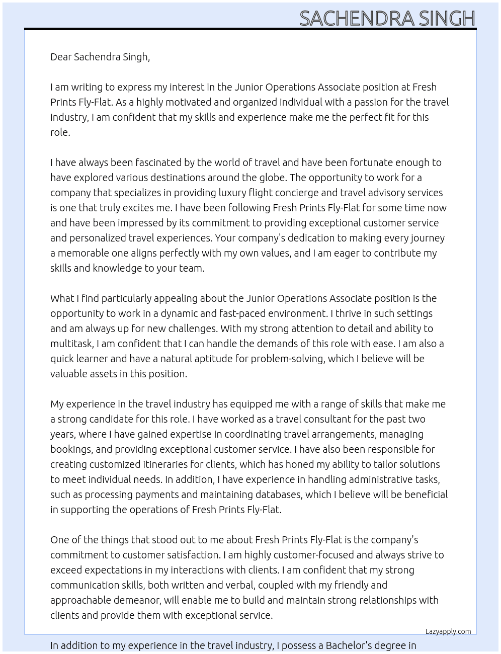 Junior Operations Associate At Fresh prints fly -flat Cover Letter