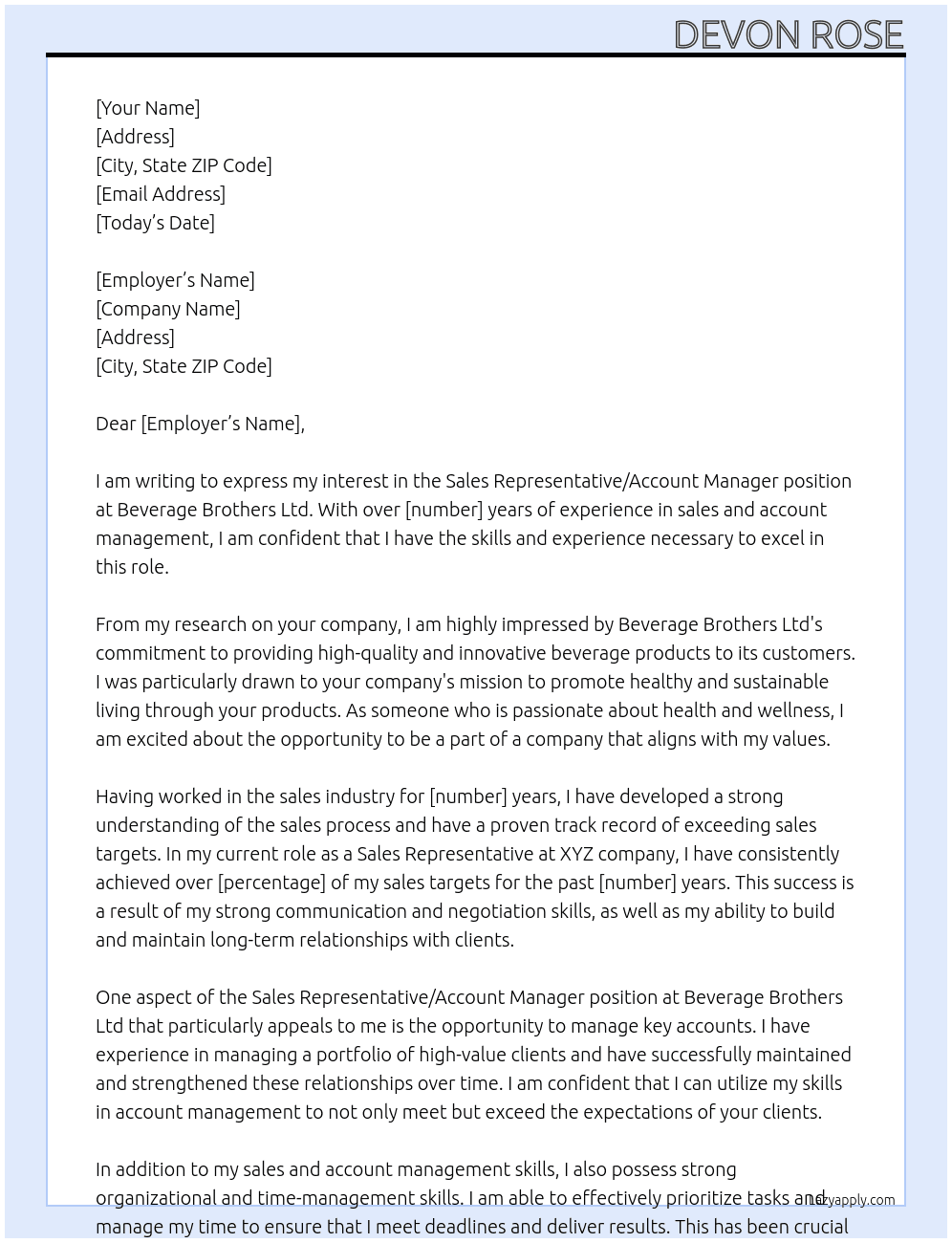 Sales Rep/ account manager At Beverage Brothers Ltd Cover Letter