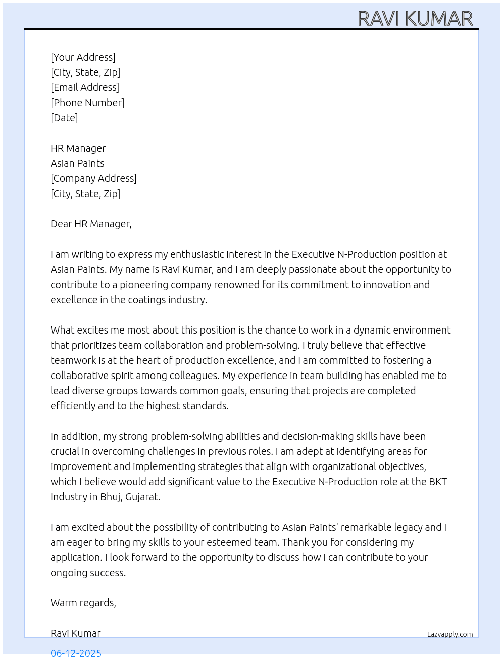 Cover letter for executive n-production - LazyApply