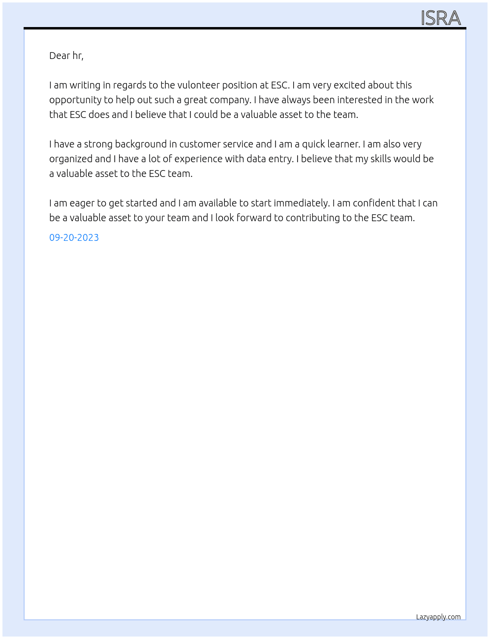 Vulonteer At Volunteer candidate ESC  Cover Letter