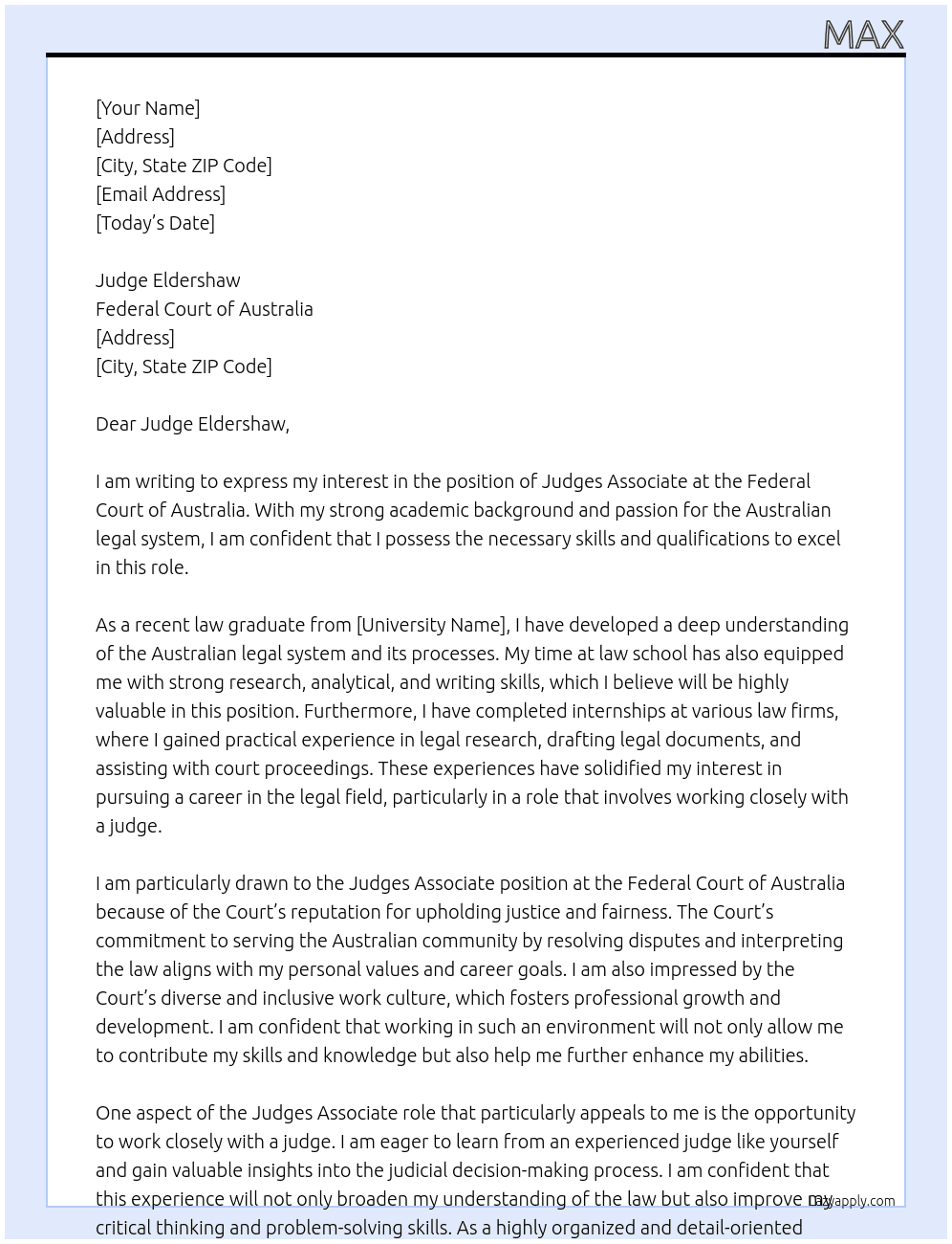 judges associate At Federal Court of Australia  Cover Letter