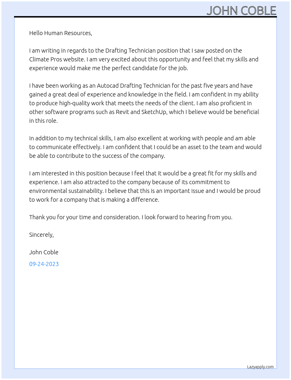 Drafting Technician At Climate Pros Cover Letter