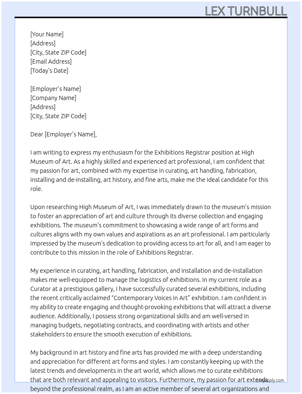 Exhibitions Registrar At High Museum of Art Cover Letter