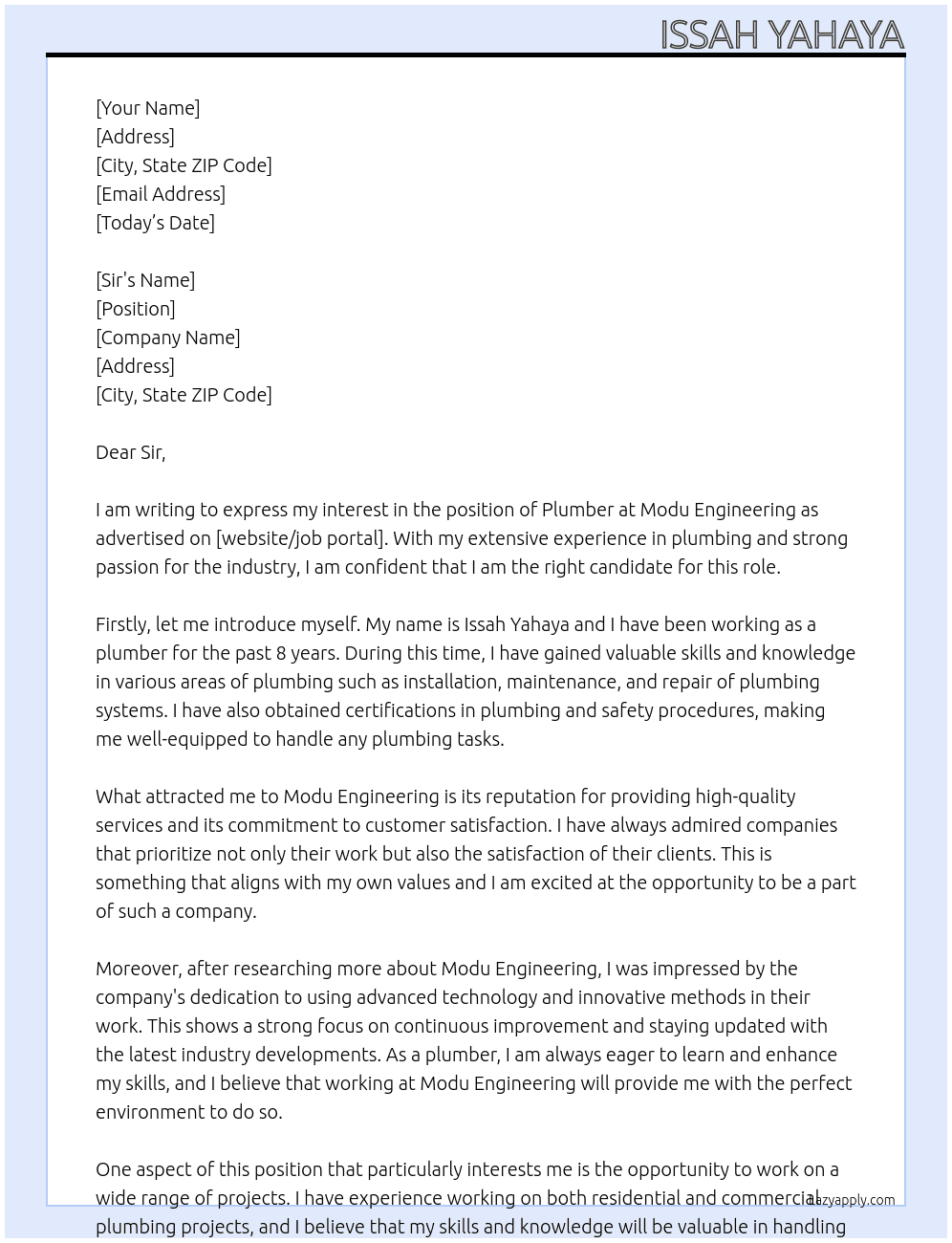 Plumber  At Modu Engineering Cover Letter