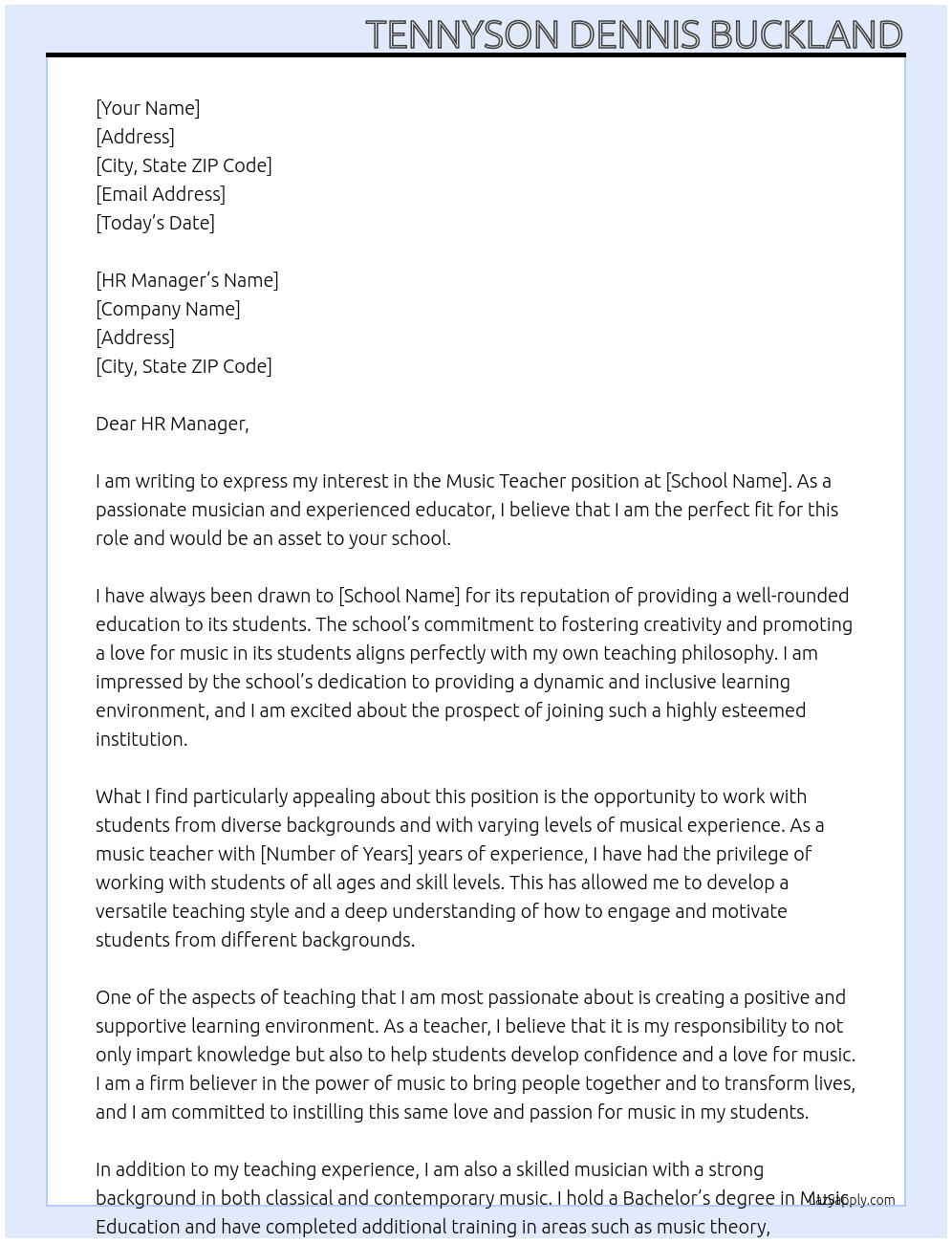 music teacher At school Cover Letter
