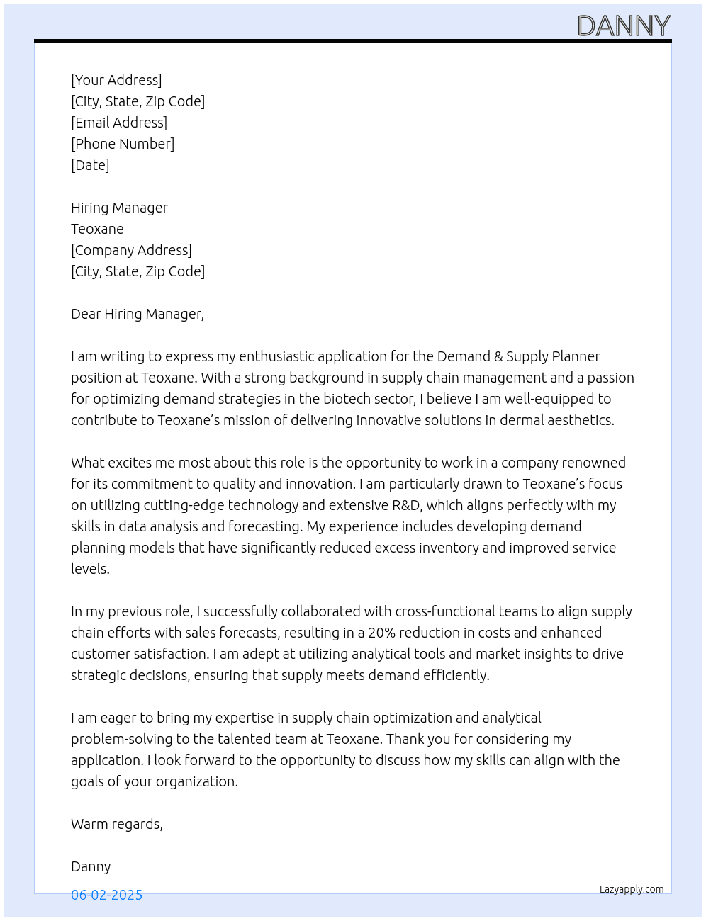 Demand & Supply Planner At Teoxane Cover Letter