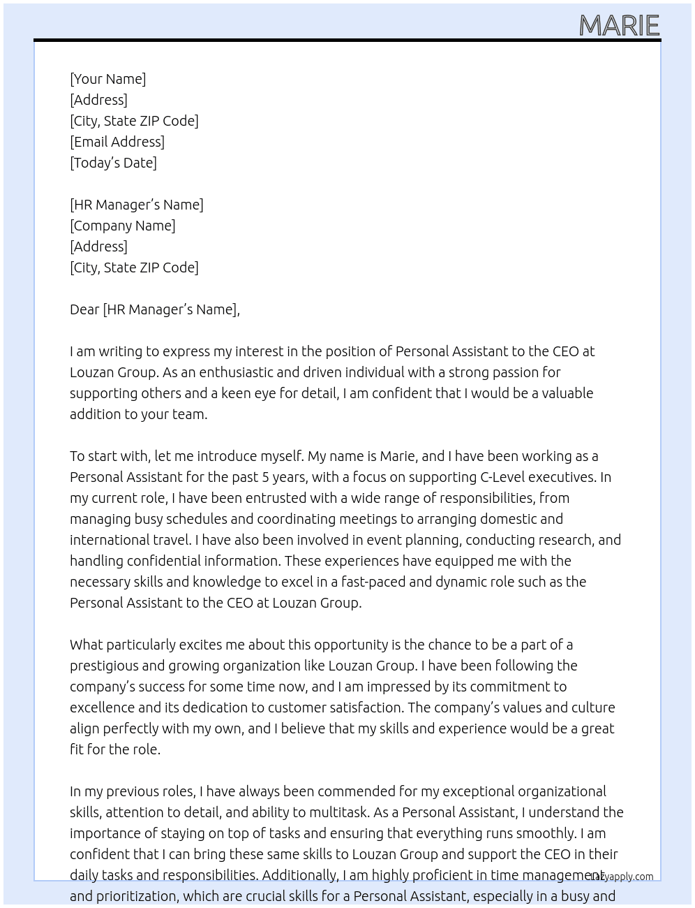 Personal Assistant to CEO At Louzan Group Cover Letter