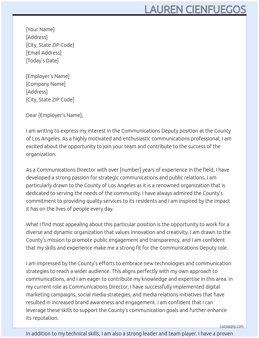 Communications Deputy At County of Los Angeles Cover Letter