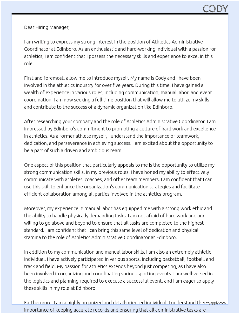 Athletics Administrative Coordinator At edinboro Cover Letter