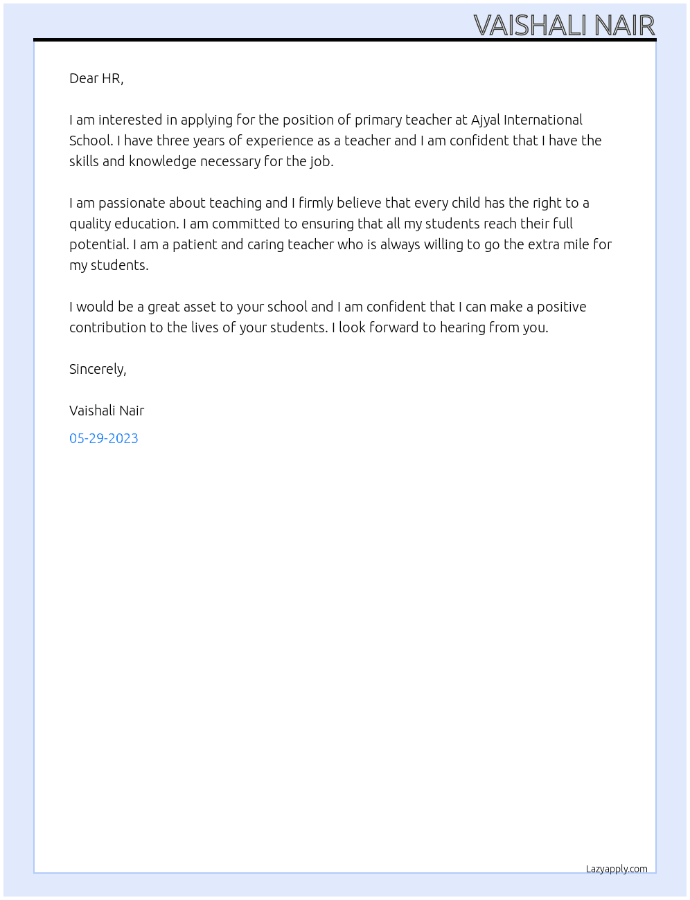  primary teacher  At Ajyal International School  Cover Letter
